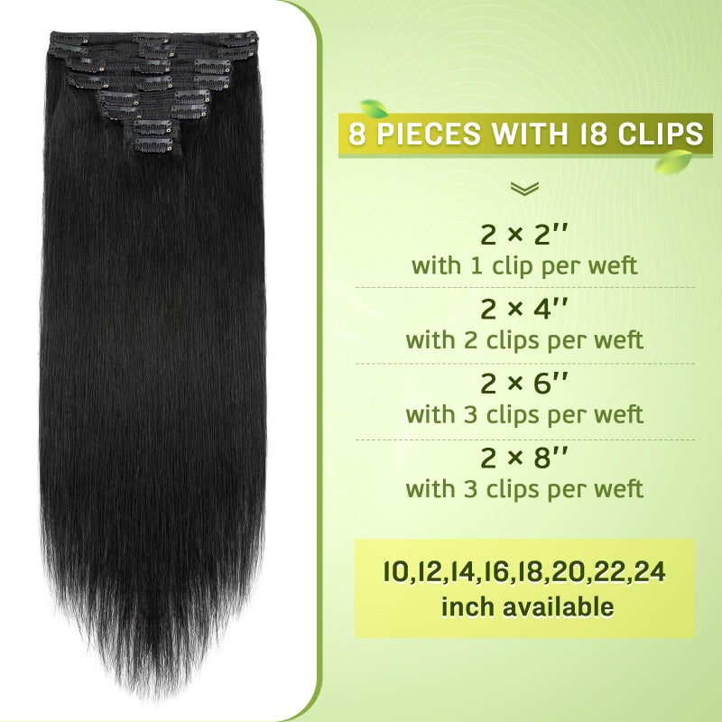 My Lady MY-LADY Double Weft Clip in 100% Remy Human Hair Extensions #1 Jet Black Full Head Thick Thickened Long Soft Straight 8pcs 18clips Natural Black 22" / 22 inch 160g - Image 2
